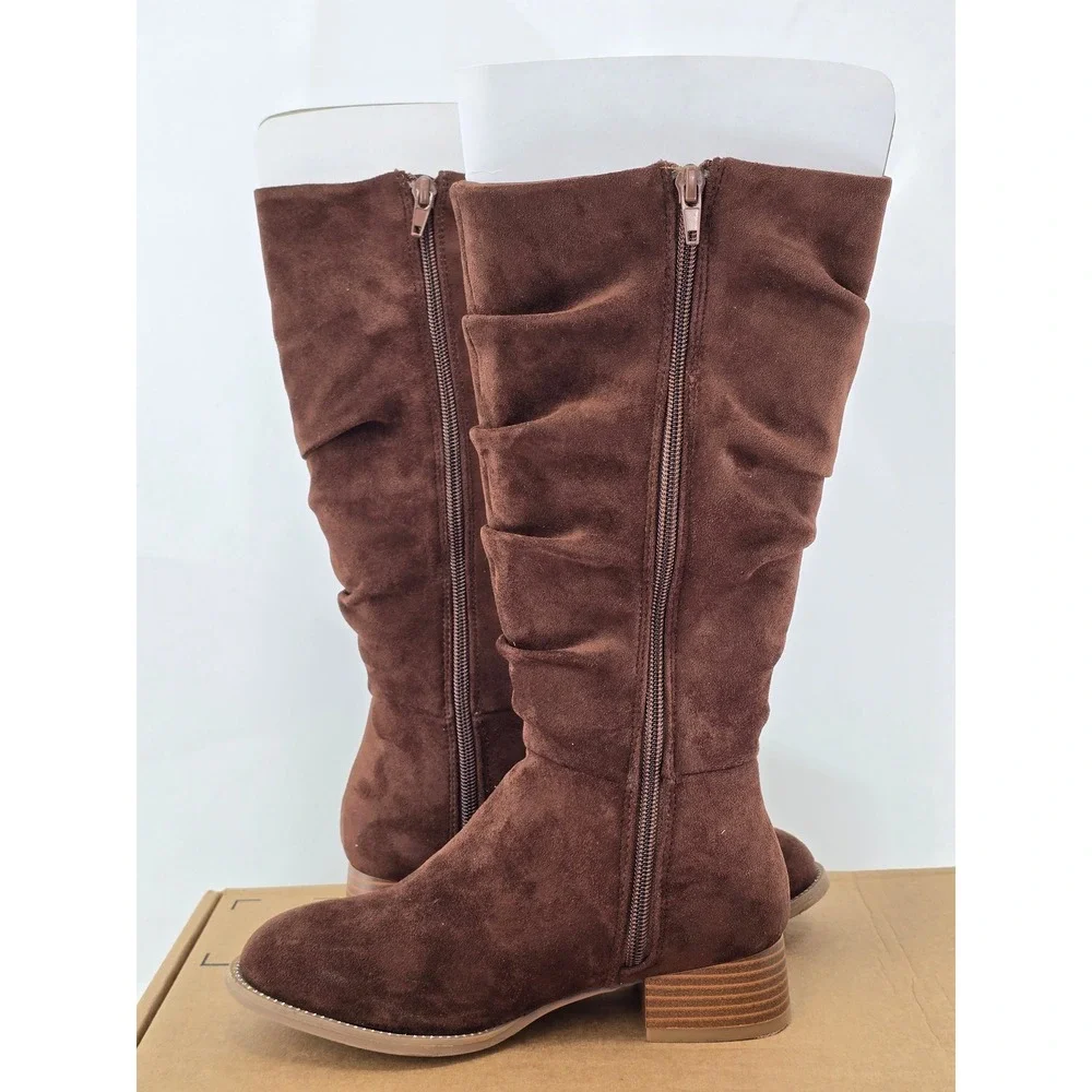 Steve Madden Tall Slouch Boots Girls Size 2 Brown Faux Suede Side Zip -Excellent